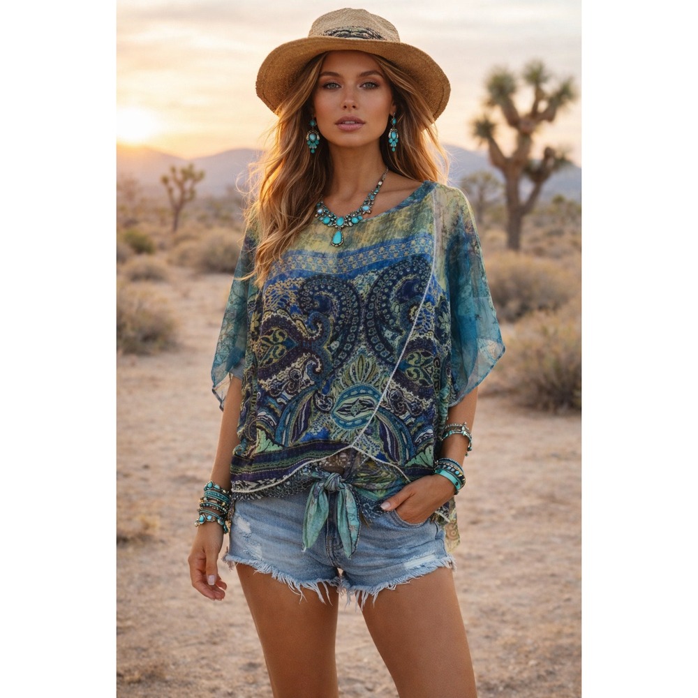 Energe Paisley Sheer Poncho‎ Blouse XL Boho Festival Layered Tie Front Top Indie